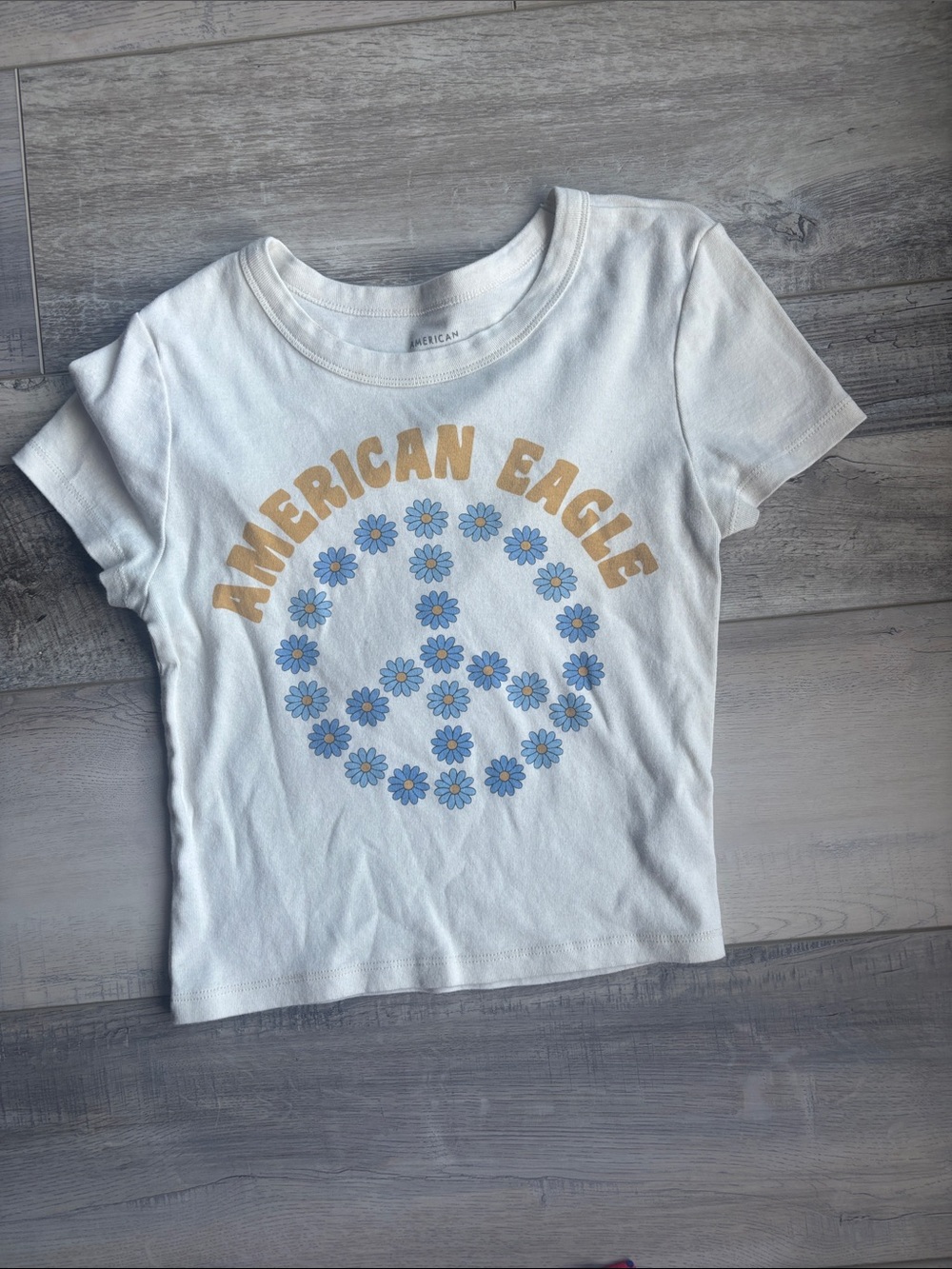 American Eagle Outfitters Girls' White Tee with Blue Daisy Peace Graphic